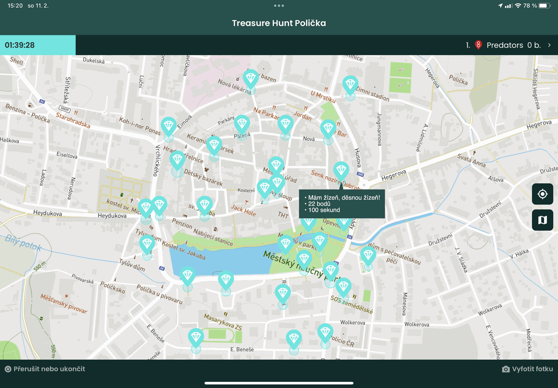 Digital map interface displaying diamond waypoint markers and a challenge pop-up window